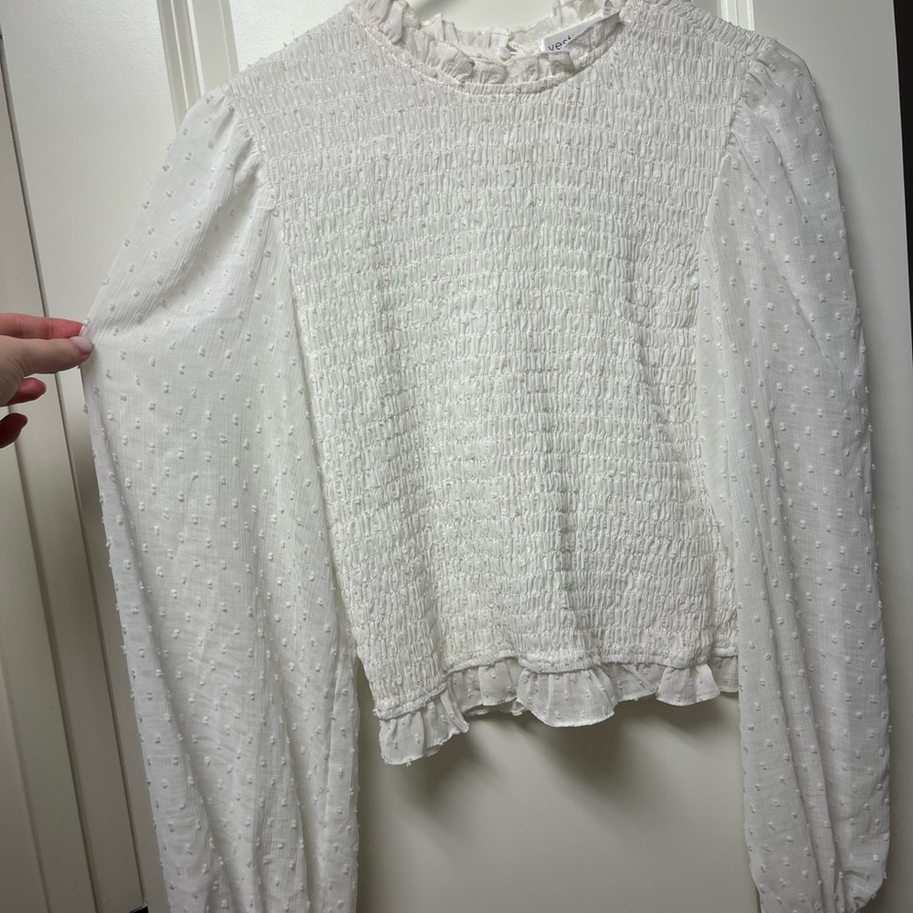 Vestique White Textured Blouse with Ruffle Trim